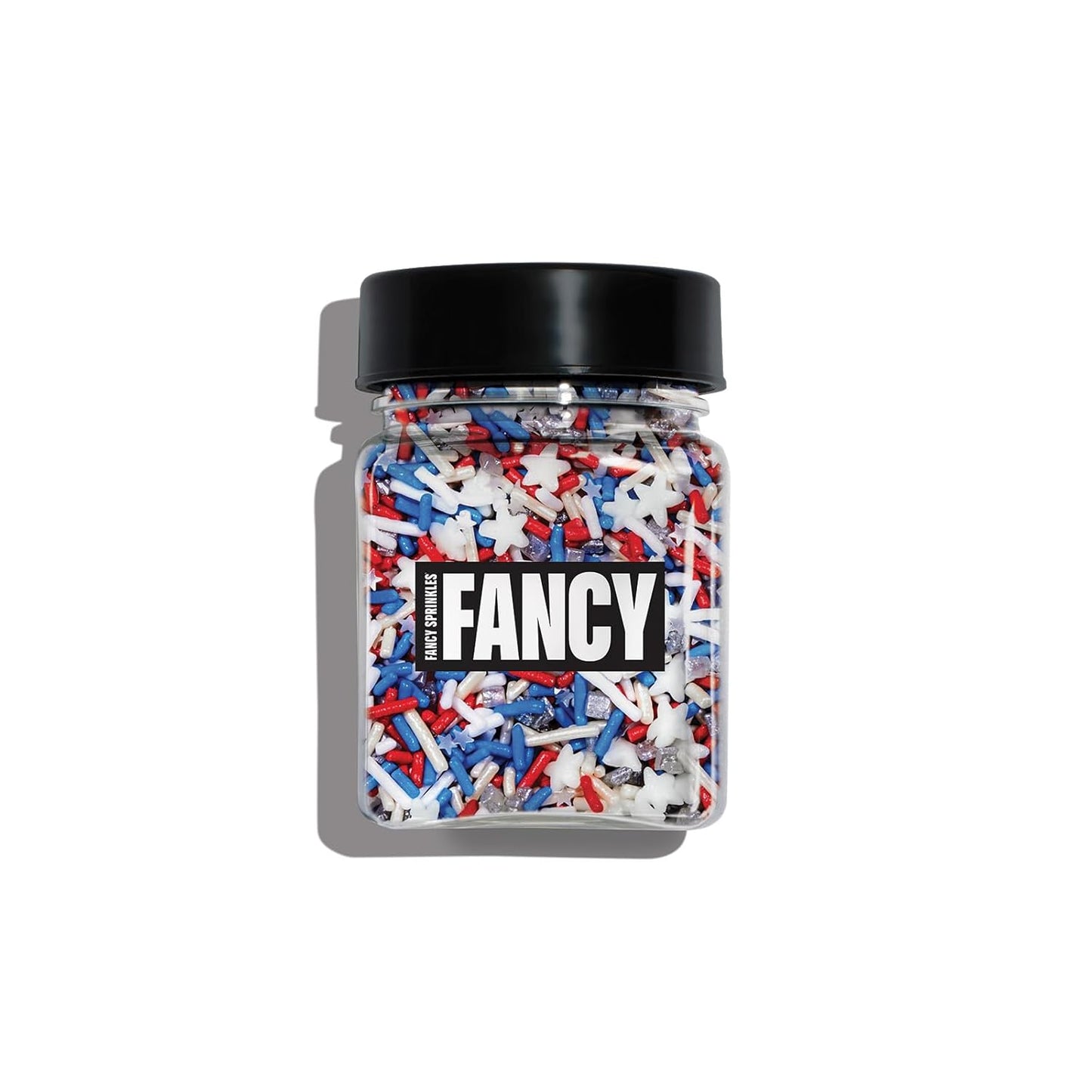 Fancy Sprinkles Superheroes, Assemble! Crunchy Jimmies, Sugar Nuggets, Mini Edible Glitter Stars, And Hexagons In Metallic Silver, Red, White, And Blue (0.25c)