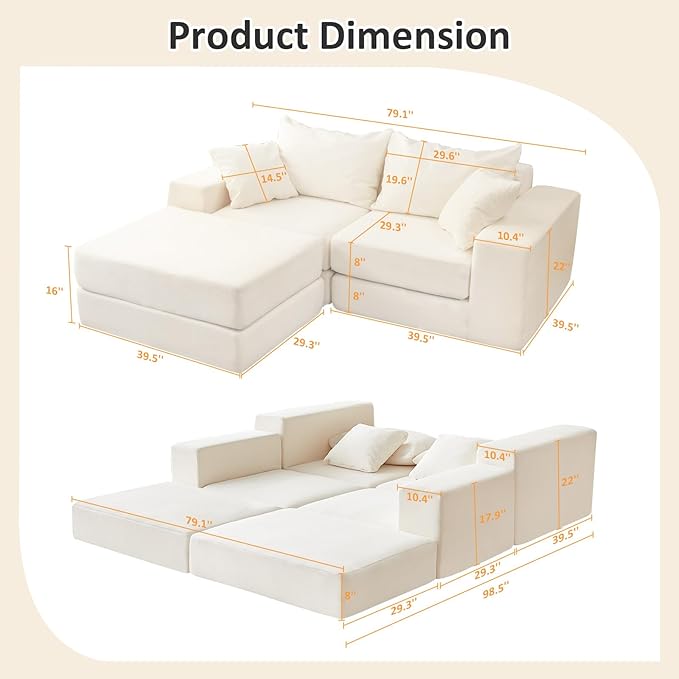 Modular Sectional Loveaeat Cloud Sofa, Boneless Couch - Image 2