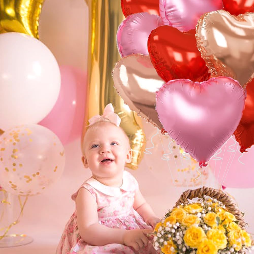 Rose Gold & Red Heart Balloons，18 Inch Light Pink Foil Love Heart Shaped Balloons for Anniversary Wedding Engagement Birthday Party Baby Shower Valentines Decorations(12Pcs)
