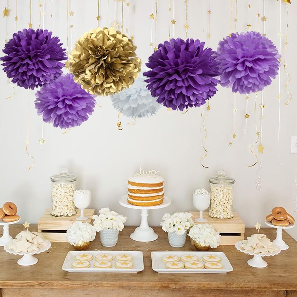 Gold Purple Lavender and White Tissue Paper Pom Poms Flower for Birthday Graduation Retirement Theme Party Decoration, 16pc