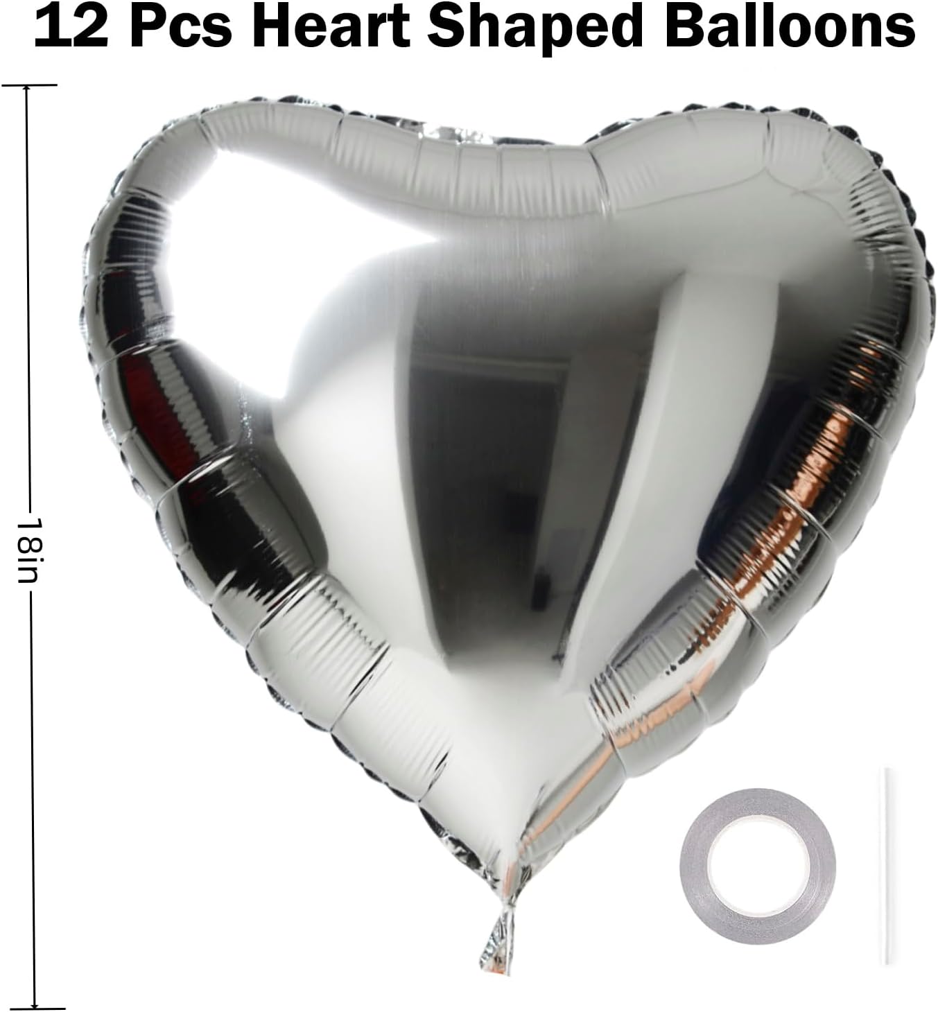 12Pcs Silver Heart Balloons, 18 Inch Silver Heart Shape Balloons Love Balloons Valentine Balloons for for Valentines Day Wedding Brithday Decorations