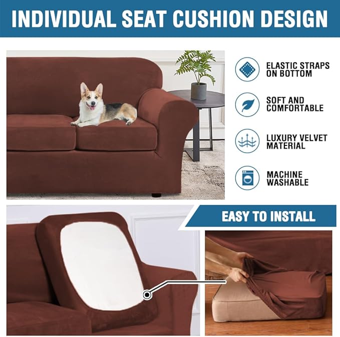 H.VERSAILTEX Modern Velvet Plush 4 Piece High Stretch Sofa Slipcover Furniture - Image 7