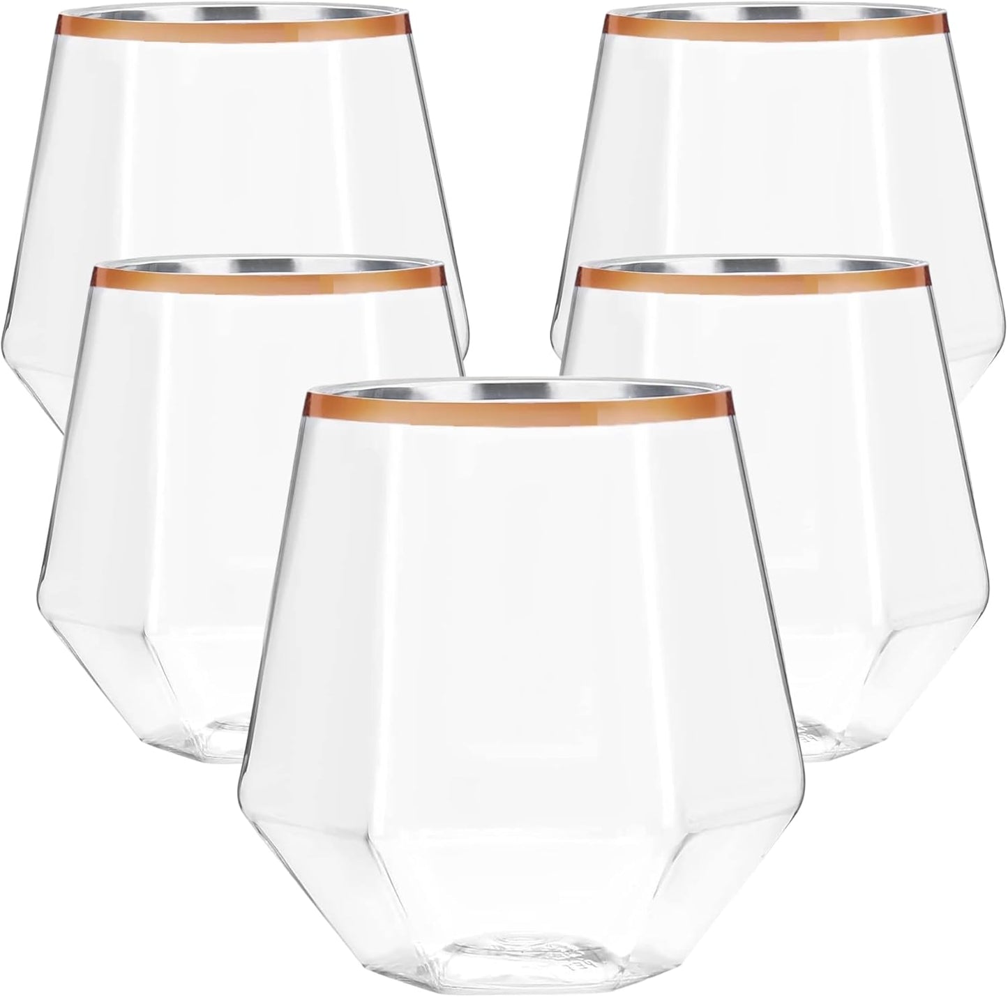 40 count Diamond Unbreakable Stemless Plastic Wine Champagne Whiskey Glasses Elegant Durable Disposable Indoor Outdoor Ideal for Home, Office, Bars, Wedding, 12 Ounce Cups Rose Gold Rim (Rose Gold)
