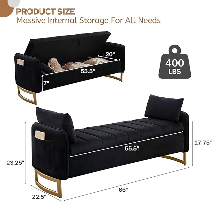 66" End of Bed Storage Bench King Size, Velvet Storage Benches - Image 2