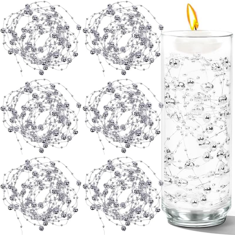 50 PCS Artificial Floating Beads for Centerpieces Vases, Silver 8+3mm String Beads for Wedding Party Faux Pearl String for Decorating, String Pearls for Crafts Vase Filler