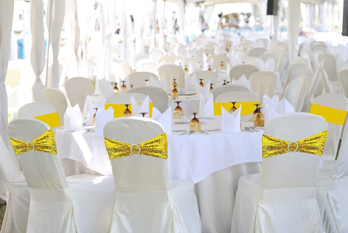 50 Pcs Sequin Chair Sashes Stretch Chair Bands Spandex Polyester Bows for Party Hotel Wedding Banquets Decoration -Gold