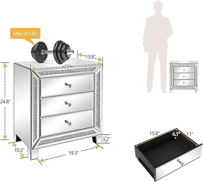 VINGLI Mirrored Nightstands Set of 2, Modern Bedside Table 3 Drawer Glass Side - Image 3