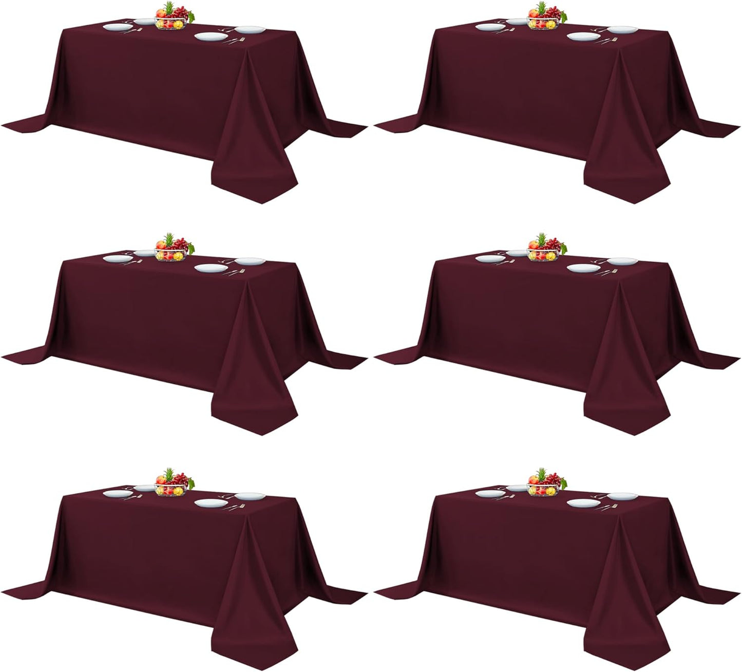 Fitable Elegant Rectangle Table Clothes, 6 Pack - 90 x 132 Inch, Burgundy - Reusable and Washable Tablecloths, Polyester Fabric Table Covers for Wedding, Party, Banquet, Formal Events