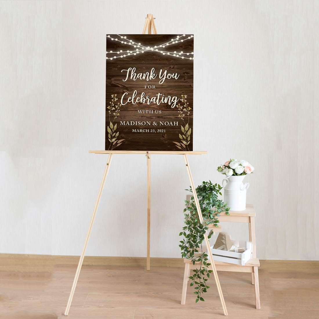 Andaz Press Personalized Extra Large Wedding Easel Party Sign, 12x18-inch, Rustic Wood with Hanging Ball Lights and Florals, Thank You for Celebrating With Us Bride Groom Name Date, 1-Pack, Custom