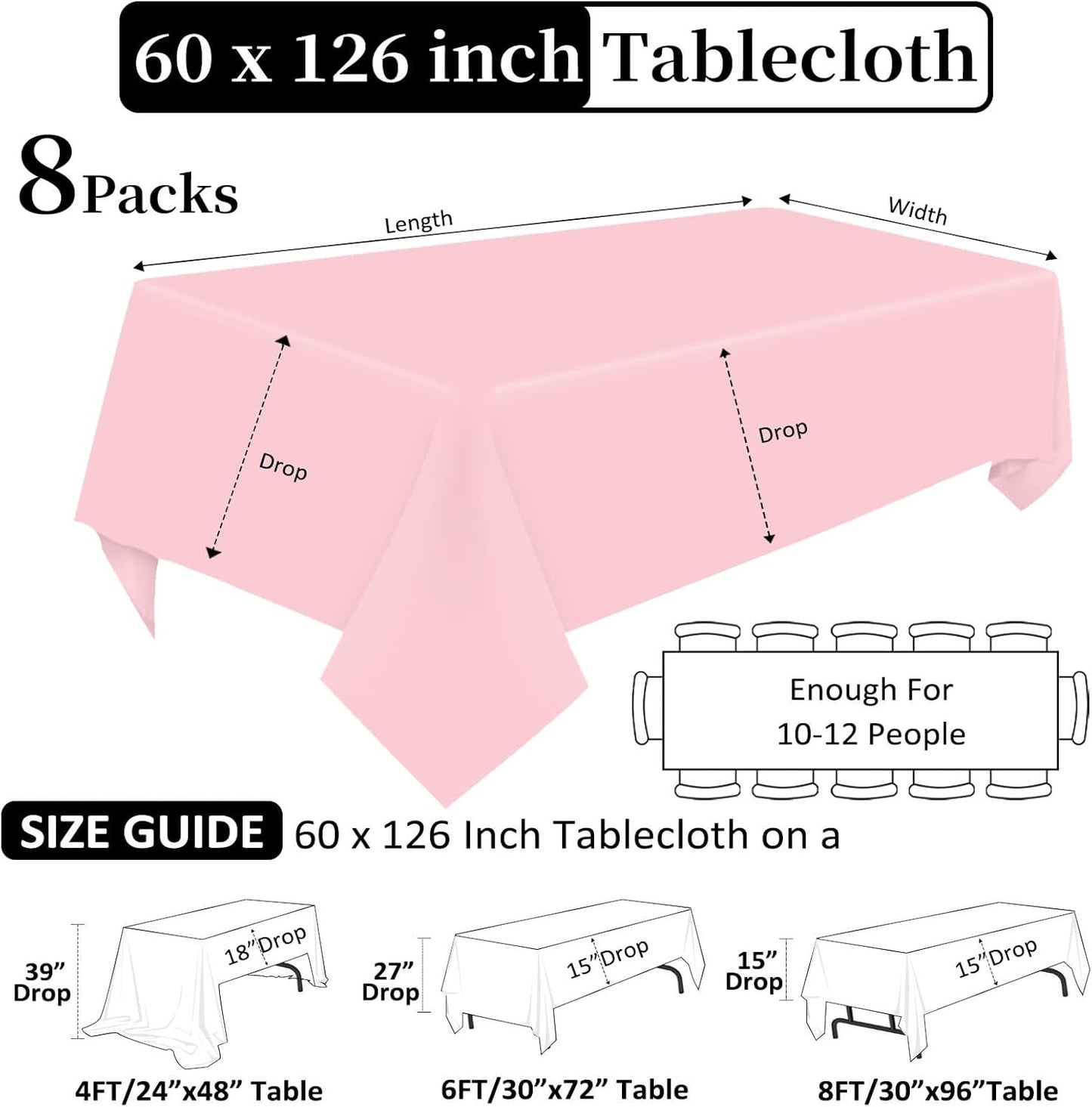 8 Pack Pink Tablecloth 60 x 126 Inch Rectangular Tablecloths for 8 Foot Rectangle Tables, Wrinkle Resistant Pink Table Cloth Washable Polyester Fabric Table Covers for Buffet Wedding Party Banquet