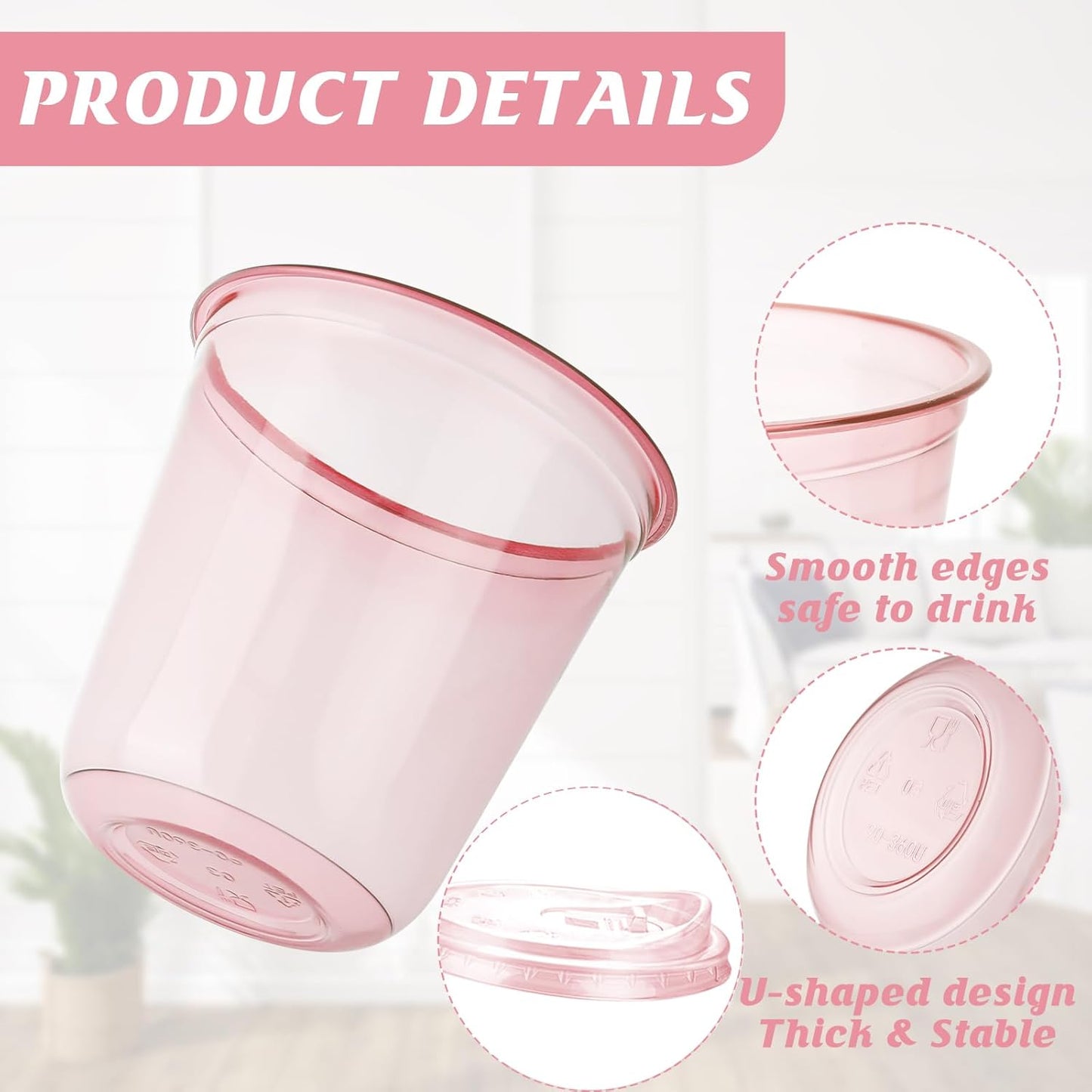 12oz Disposable Stemless Glasses With Strawless Sip Lids,PET Disposable Drinking Cups,Clear Plastic Wine Glasses for Parties Birthday,Wedding,Meeting,Christmas Party Supplies. (100, Pink)