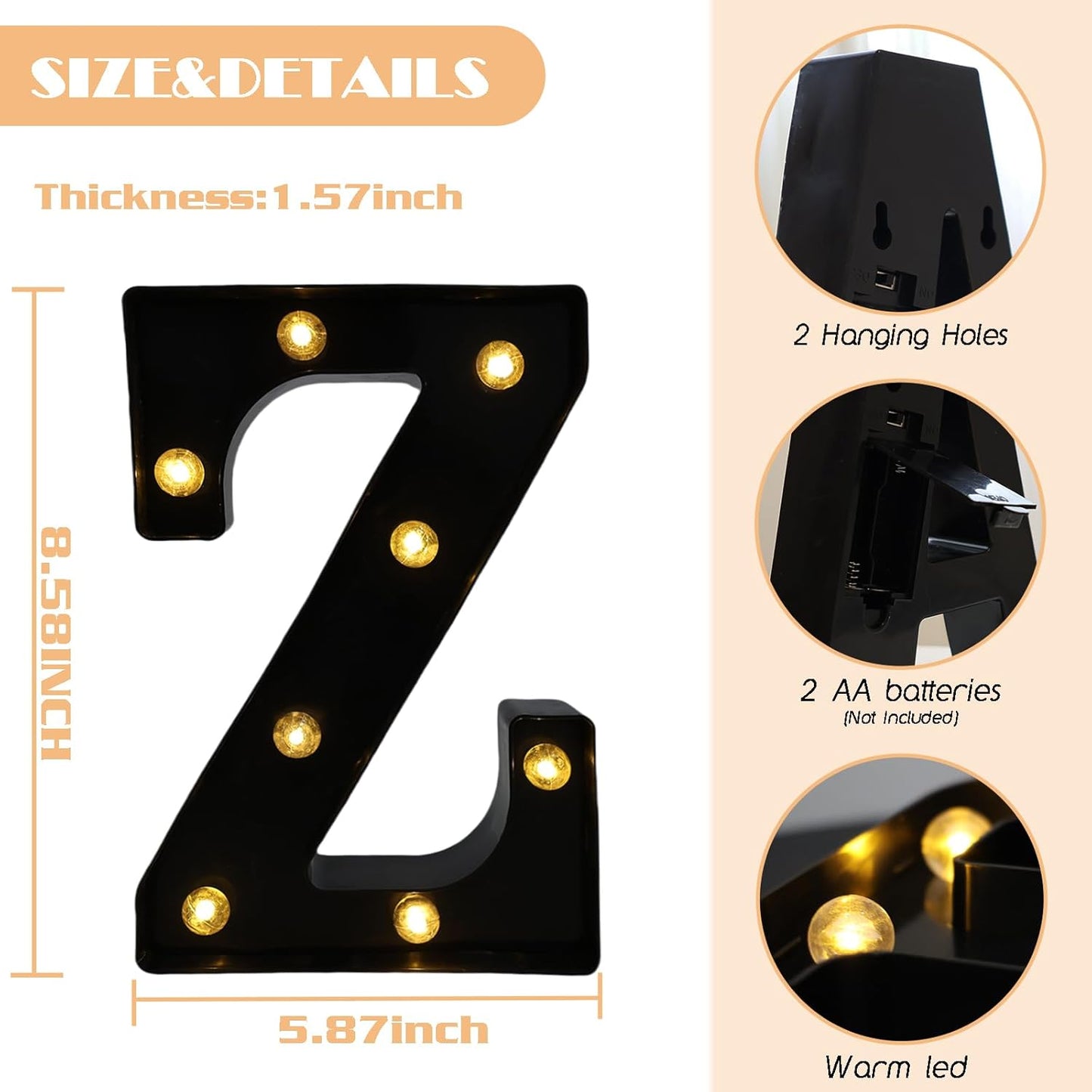 Led Marquee Letters, 8.58 Inch Black Light Up Letters, Small Led Letter Lights, Battery Powered Lighted Letterfor Table, Party, Birthday, Christmas Decor (Black, Letter Z)