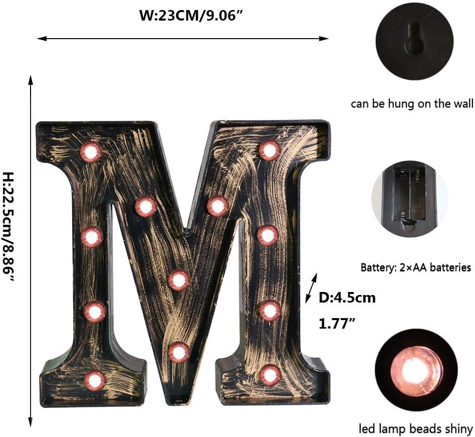 OYCBUZO Golden Black Led Marquee Letter - Industrial, Vintage Style Light Up Alphabet Letter Sign for Cafe Wedding Birthday Party Christmas Lamp Home Bar Initials Decor - M