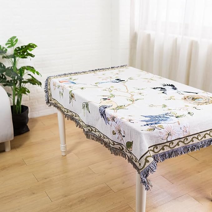 VClife Boho Beige Jacquard Couch Cover Modern Floral Bird Cotton Linen Slipcover - Image 2
