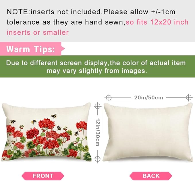 RABUSOFA Spring Summer Outdoor Geranium Pillow Cover Waterproof 12x20 - Image 4