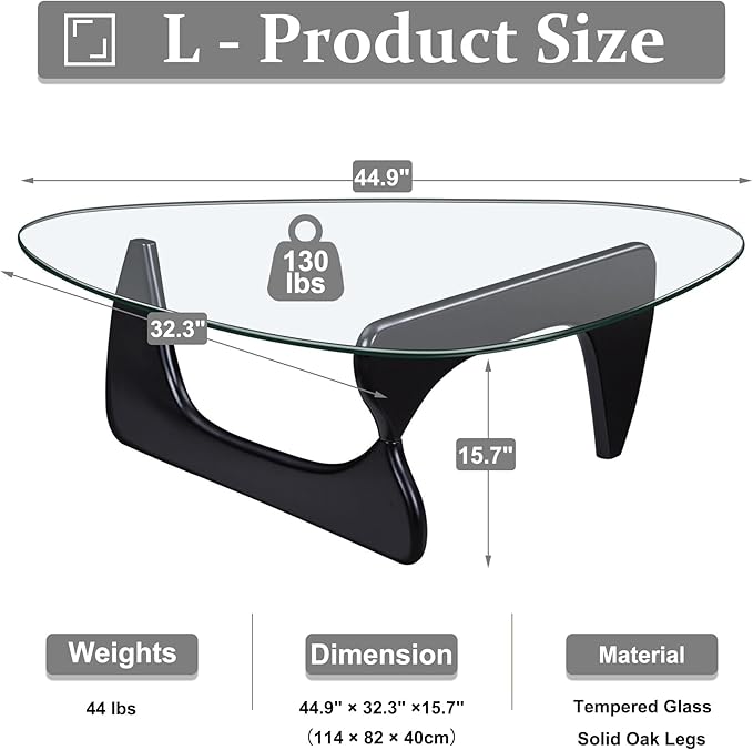Modern Glass Coffee Table, 44.9"×32.3"×15.8" Triangle Center Table - Image 2