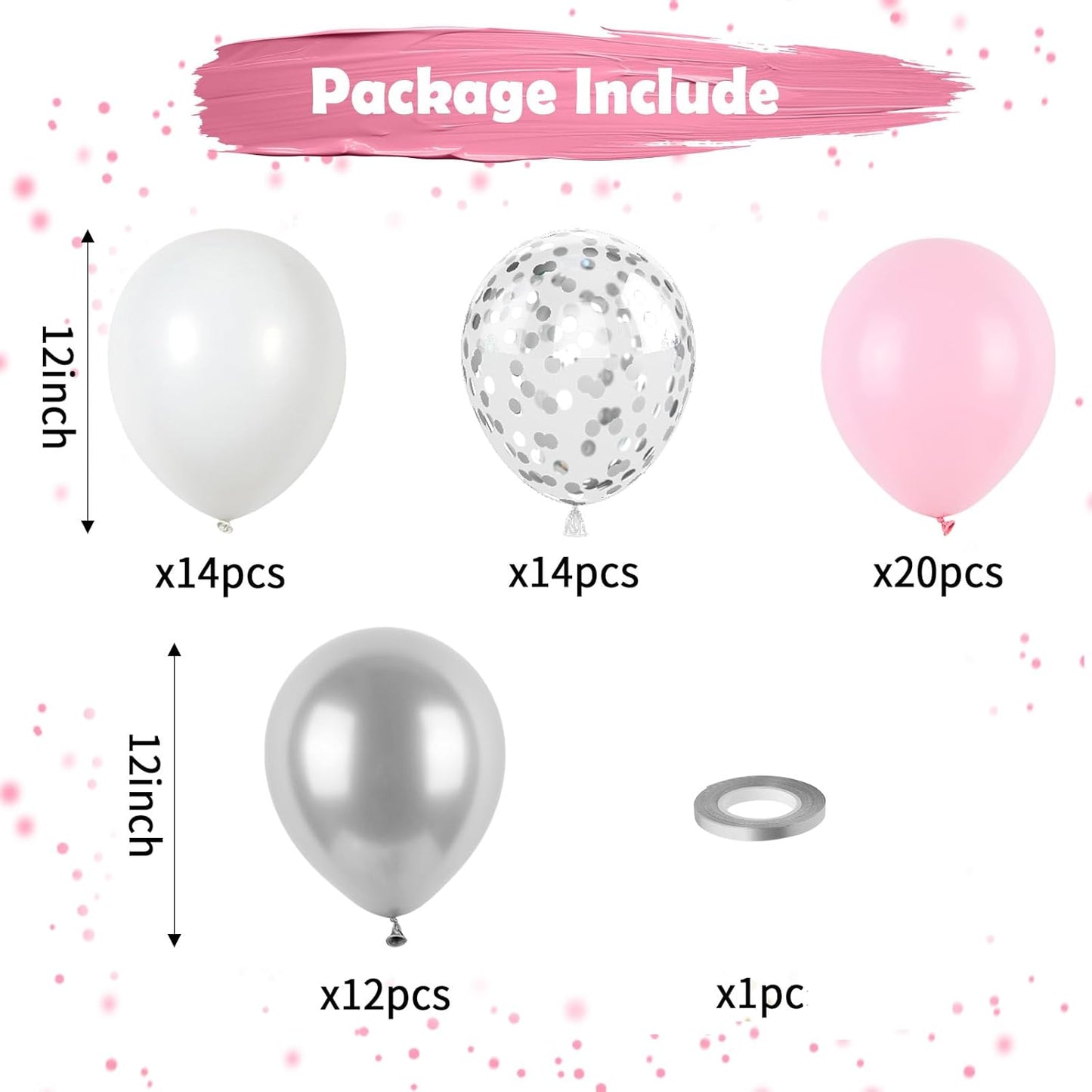 Pink and Silver Balloons, Pastel Pink White Balloon Metallic Silver White Macaron Balloon Party Confetti Balloons for Girls Kids Birthday Bride Wedding Baby Shower Graduation