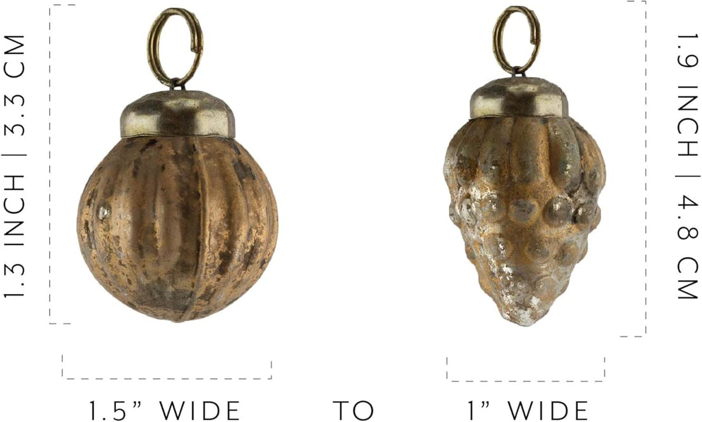 AuldHome Mercury Glass Finial Ornaments (Set of 12, Gold, Small); Distressed Metal Antique Style Christmas Tree Decorations; 1.3 to 2-Inch Size