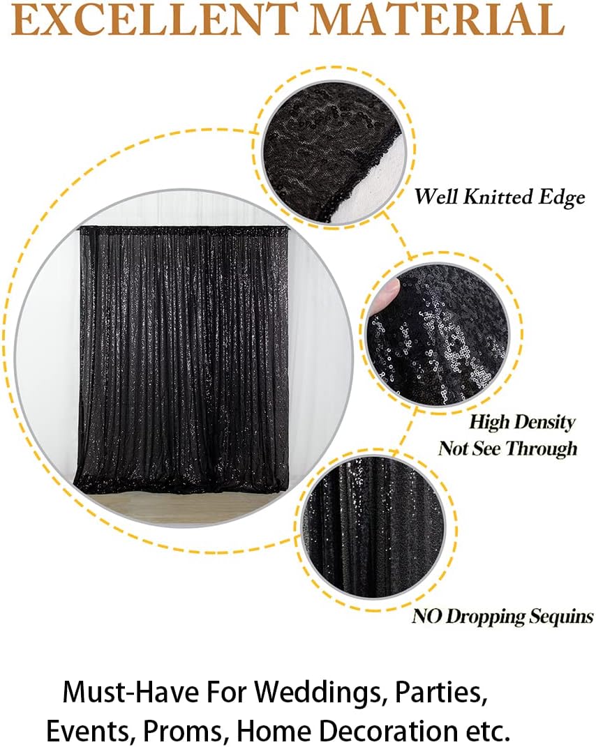ShinyBeauty 2Pcs 5FTx10FT Black Sequin Backdrop Curtain | Glitter Wedding & Photography Background | Elegant Shimmer Curtains for Events & Parties