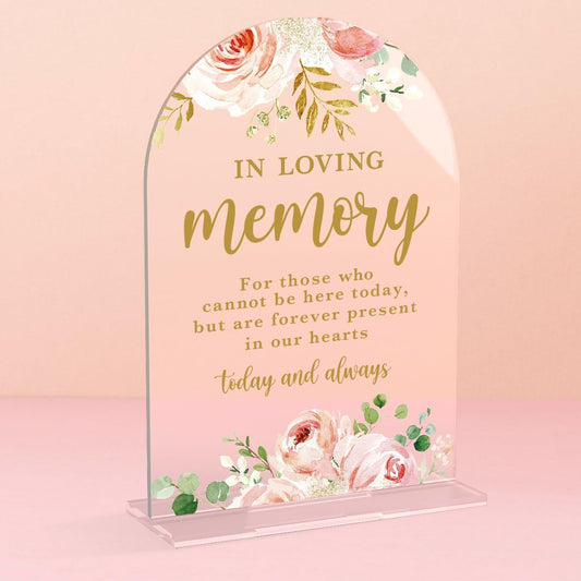 Acrylic Wedding Signs, Bridal Shower Decorations, In Loving Memory Sign for Reception, Modern Calligraphy Arch Acrylic Table Top Sign for Wedding Reception and Engagement Parties (Clear Pink Flowers)