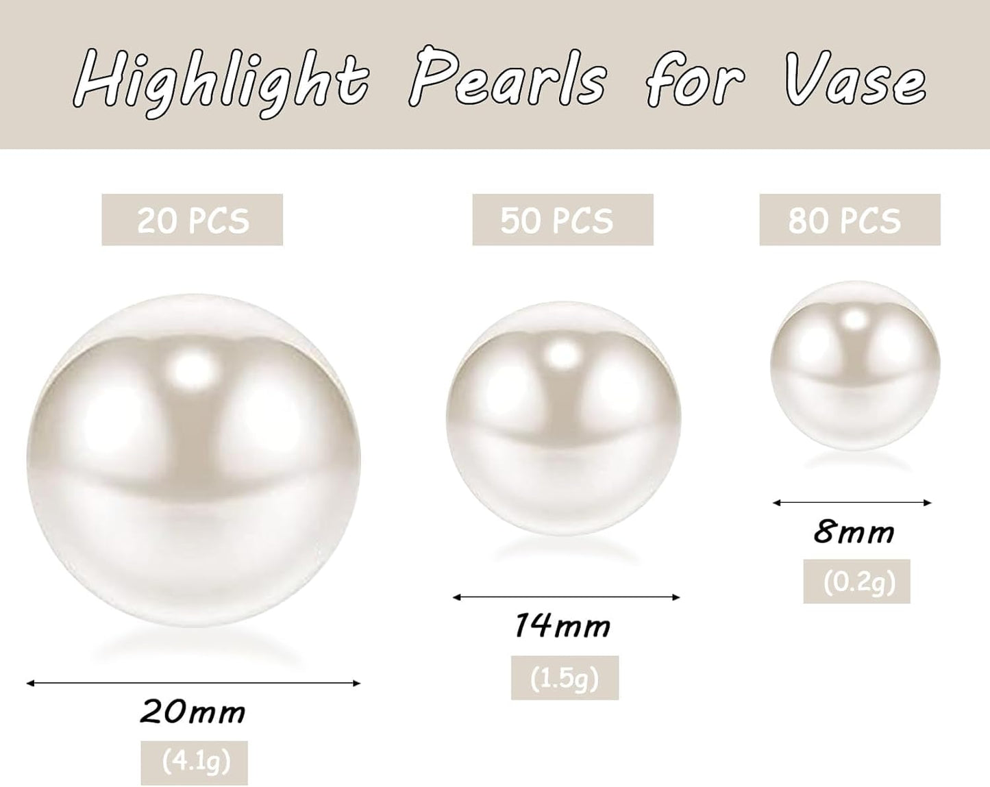 150Pcs White Polished No Hole Faux Pearl Beads for Vase Filling Decorations, Plastic Pearls Vase Fillers, Table Scatters, Wedding Centerpiece, Home Decor, 8/14/20 mm