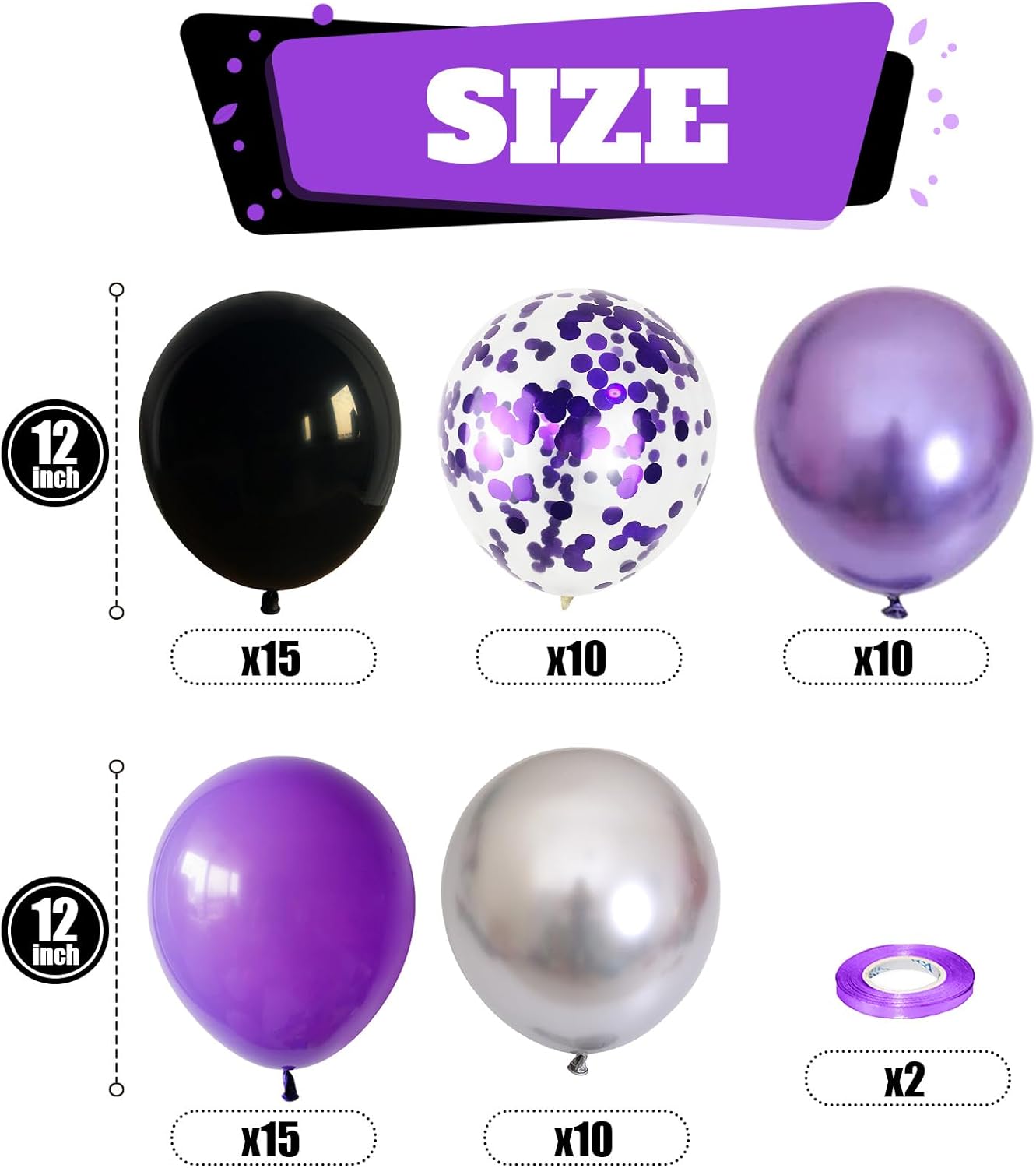 Purple and Black Balloons, 60 Packs 12 Inch Dark Purple Light Purple Black Balloons with Metallic Silver Confetti Latex Balloons for Halloween, Girls Women Birthday Wedding Party Decorations