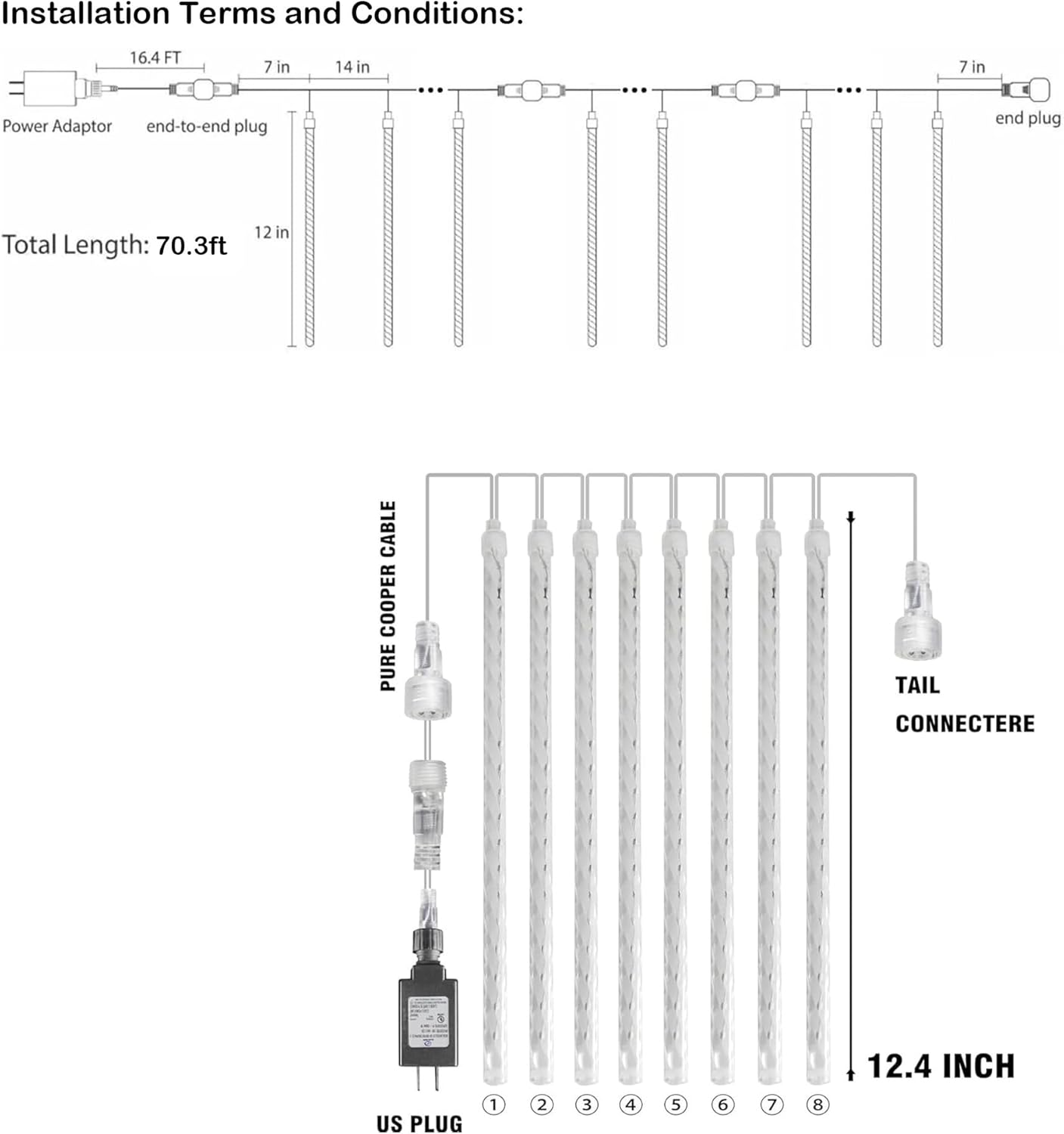 Dazzle Bright 1728 LED Christmas Light, Meteor Shower Rain Lights 11.8 Inch 48 Tubes, Waterproof Plug in Falling Rain Lights Decorations for Xmas Tree Yard Party (White)