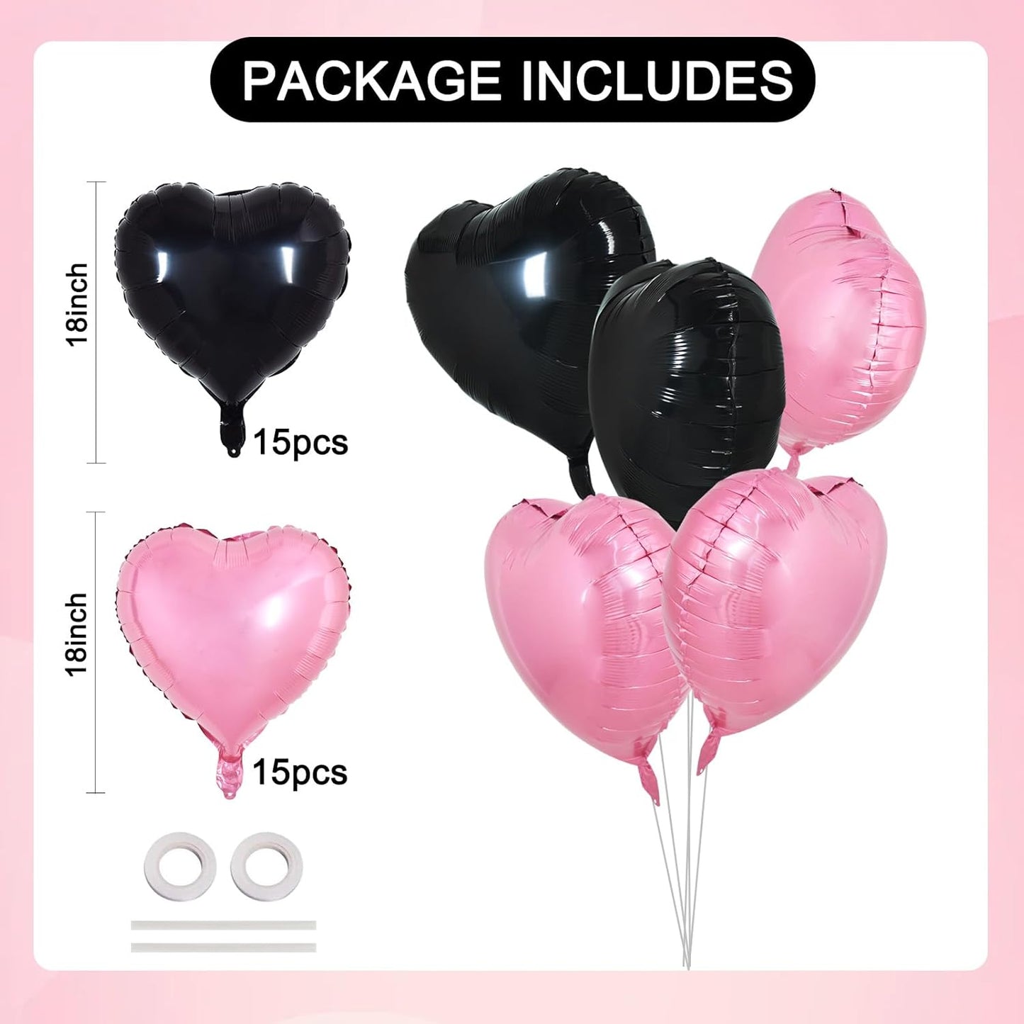 TONIFUL 30Pcs 18 Inch Pink Black Heart Balloons Valentine’s Day Heart Shape Foil Mylar Balloons Decoration for Romantic Valentine's Day Wedding Bridal Shower Anniversary Engagement Party Supplies