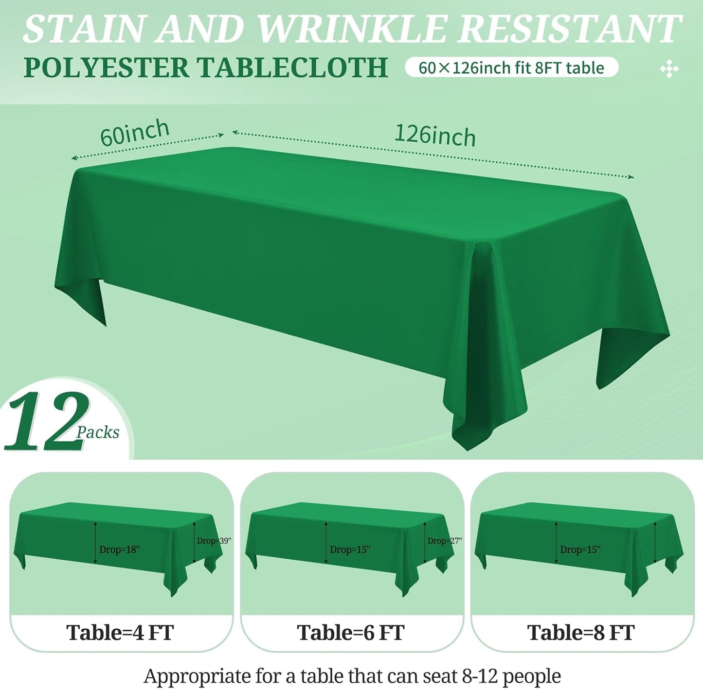 12 Pack Green Tablecloths for Rectangle Tables 60 x 126 Inch Polyester Tablecloth 8 Foot Rectangle Table Cloth Wrinkle Resistant Washable Fabric Table Cover for Party Wedding Banquet Events