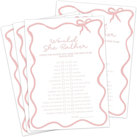 DEEKA 30 PCS Bridal Shower Games Card for 30 Guests White Pink Wavy Border Ribbon Bow Funny Wedding Bachelorette Party Games for Reception (Would She Rather)