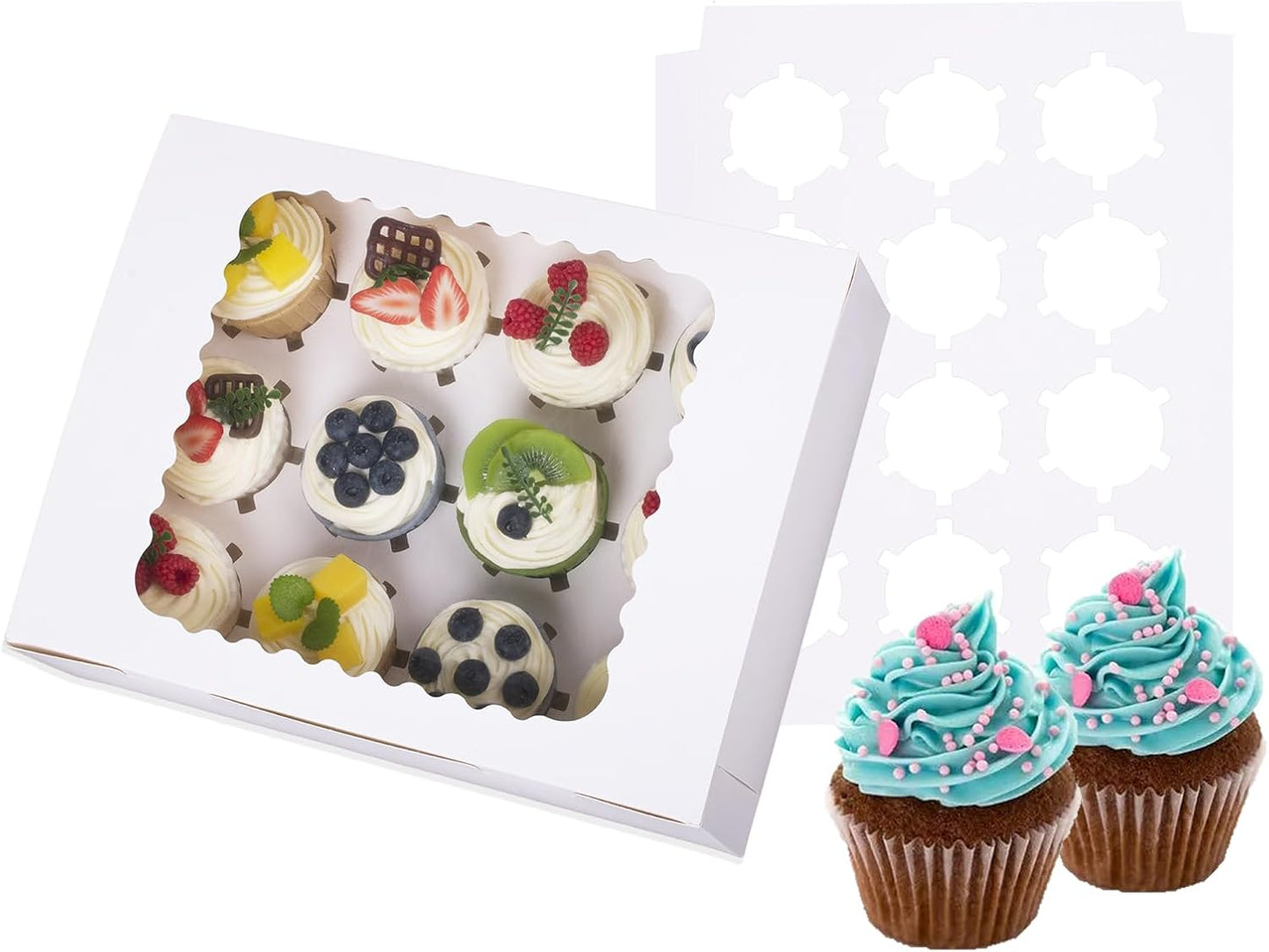 30-Set Cupcake Boxes Hold 12 Standard Cupcakes, Food Grade Cupcake Holders Bakery Carrier Boxes with Windows and Inserts for Cupcakes, Muffins and Pastries (White-30 Pack)
