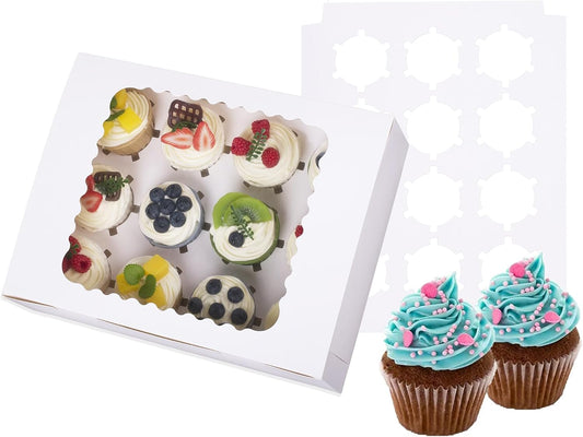 30-Set Cupcake Boxes Hold 12 Standard Cupcakes, Food Grade Cupcake Holders Bakery Carrier Boxes with Windows and Inserts for Cupcakes, Muffins and Pastries (White-30 Pack)