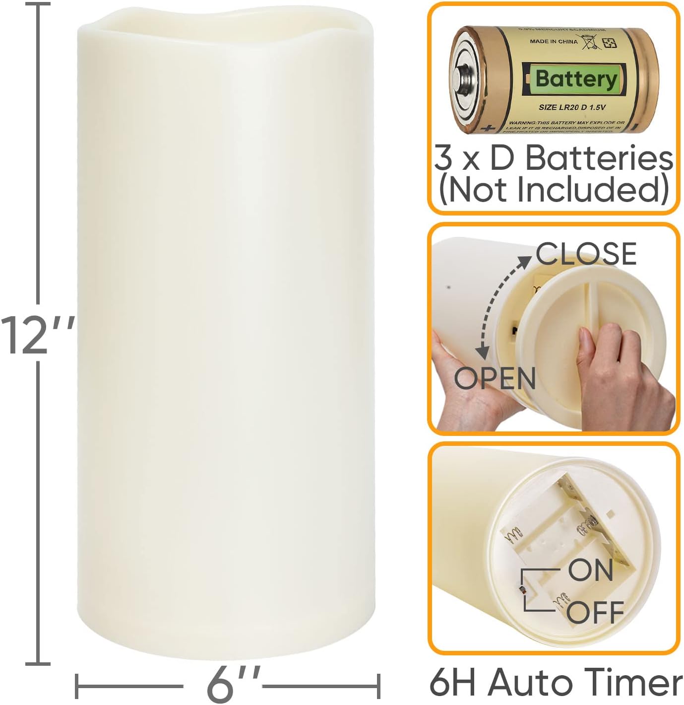 Homemory 6" x 12" Extra Large Outdoor Waterproof Candle with Auto 6-Hour Timer, Ivory Plastic Made, Long Last for Half A Year
