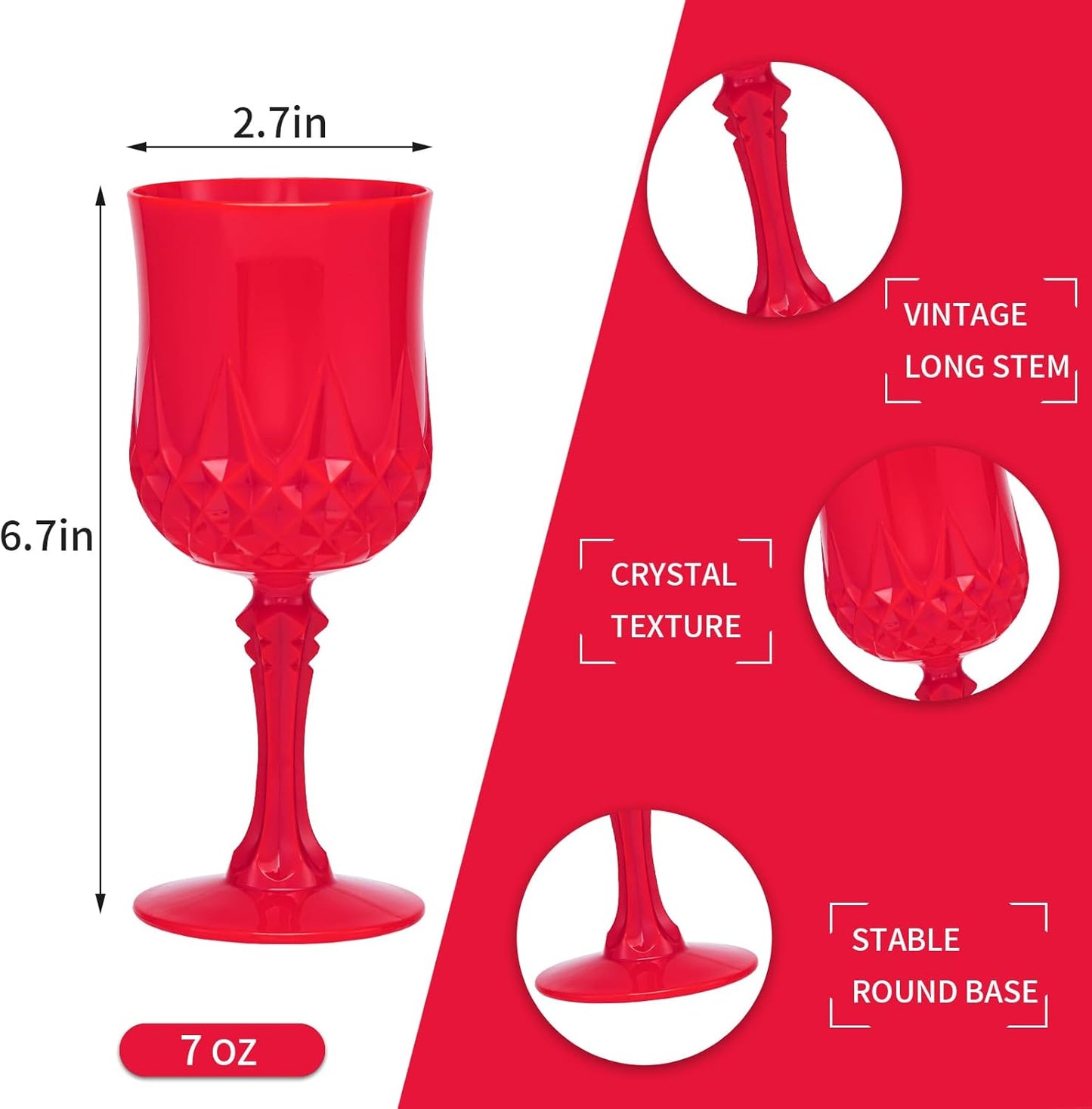 JLYLOL Plastic Vintage Wine Glasses 7OZ Plastic Goblets Vintage Drinking Glasses 48PCS Retro Wedding Glassware Water Goblets Reusable Drinking Cups for Party,Reception,Celebration,Bar,Whiskey(Red)