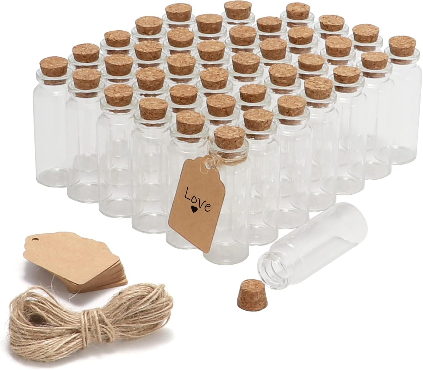 50 Pcs 20ml Mini Glass Bottles with Cork Stoppers, 29x64mm DIY Decoration Tiny Glass Jars, Mini Vials Cork, Message Wishing Bottle with Label Tags and String for Arts Crafts, Decoration, Party Favors