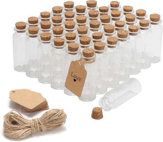 50 Pcs 20ml Mini Glass Bottles with Cork Stoppers, 29x64mm DIY Decoration Tiny Glass Jars, Mini Vials Cork, Message Wishing Bottle with Label Tags and String for Arts Crafts, Decoration, Party Favors