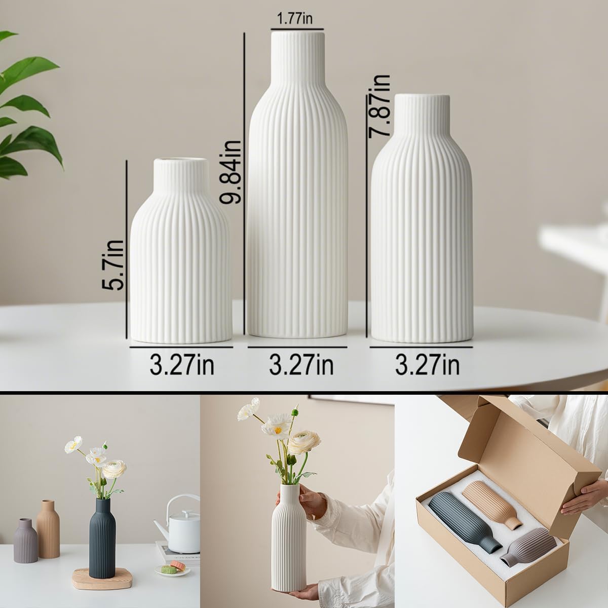 Modern Ceramic Vases Set of 3, White Ribbed Decorative Vases, Shelf Table Centerpiece for Home Decor (White)