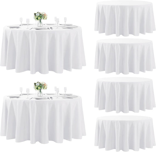 Fokitut 6 Pack Round Tablecloth, 120 Inch, Stain Resistant and Wrinkle Polyester Table Cloth, Fabric Table Cover for Kitchen Dining, Wedding, Party, Holiday Dinner-White