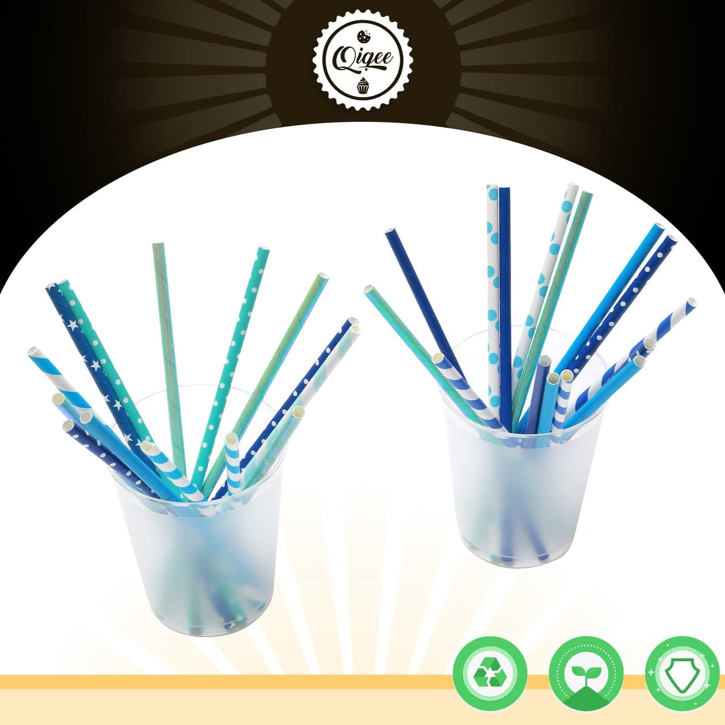 Blue Paper Straws 150pcs Disposable Bulk(10 Pattern) qiqee
