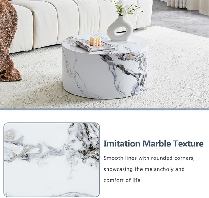 Round Coffee Table Living Room Table, Modern White Faux Marble Center Couch - Image 5
