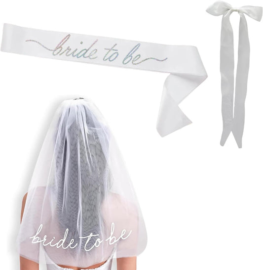 JoyChoi Bachelorette Party Accessories for Bride – 3-Piece Set with Bride Sash, Veil & Bow Hair Clip – Cute Bridal Shower Decorations, Wedding Outfit Add-Ons & Engagement Favors & Gifts