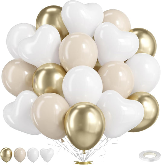 Beige Gold Balloons,50 Pcs 12 Inch White Metallic Latex Heart Balloons for Neutral Boho Birthday Engagement Wedding Anniversary Party Decorations