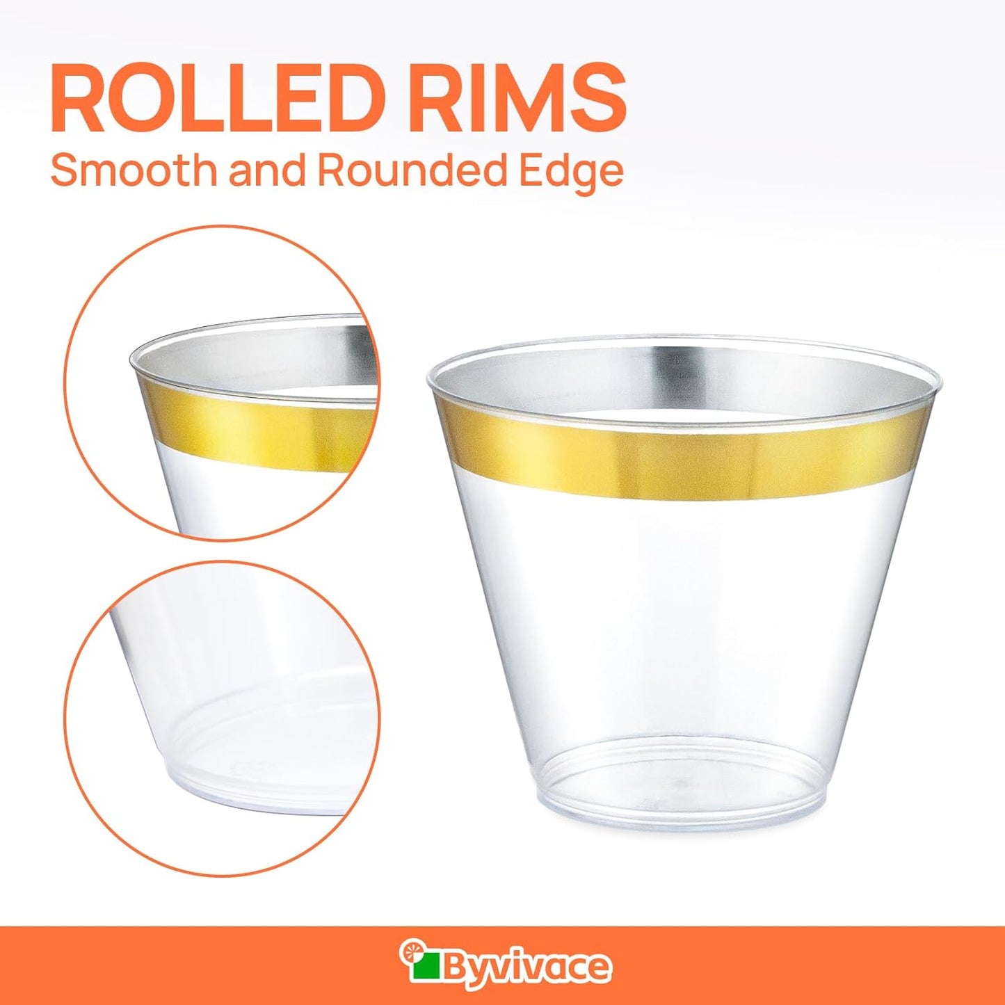 50counts 9 OZ. Disposable Cups Old fashioned Party Tumblers, 9 Ounce Squat Cups Gold Wine Glasses Hard Plastic Cups with Gold Rim