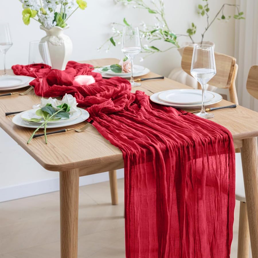 8 Pack 10Ft Red Cheesecloth Table Runner 35x120 inch Boho Gauze Cheese ClothsTable Runners Long Wrinkled Sheer Romantic Table Runner for Wedding Bridal Shower Birthday Party Table Decor