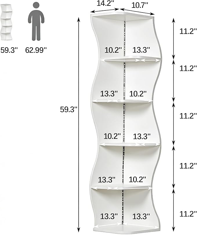 VECELO Wavy Corner Shelf with LED Light, Decorative 6-Tier Corner Display - Image 2