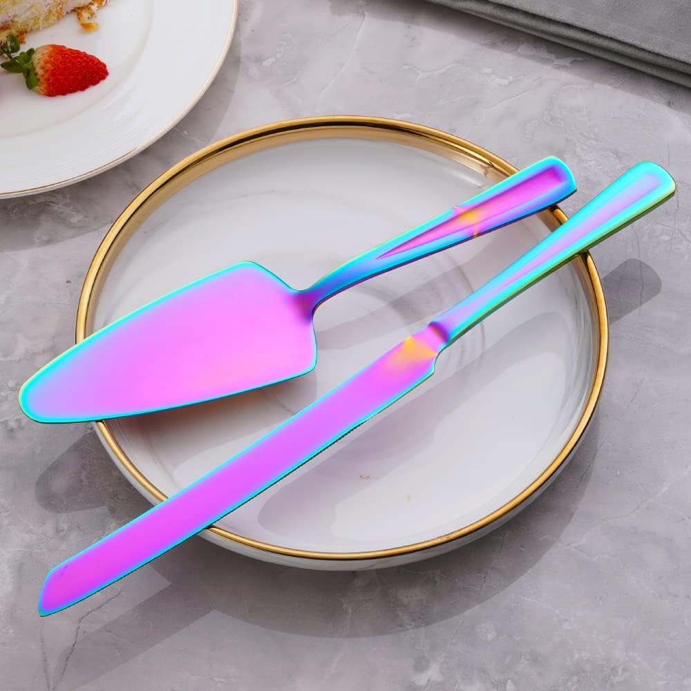 GoGeiLi Rainbow Cake Knife and Server Set, Colorful Stainless Steel Cake Cutting Set for Wedding, Birthday, Parties