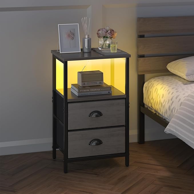 sthmec Nightstand with Charging Station, LED Night Stand with 2 Fabric Drawers - Image 7