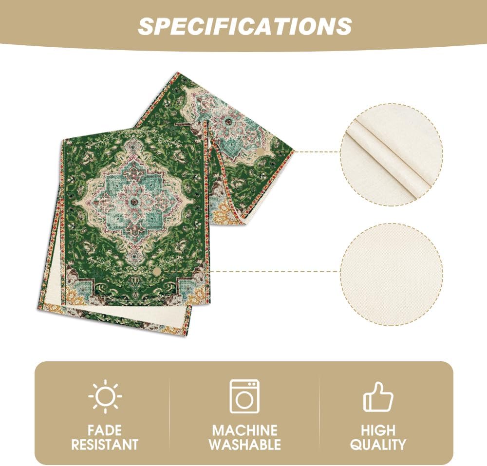 Artoid Mode Boho Bohemia Style Green Table Runner, Country Rustic Farmhouse Magical Christmas Kitchen Dining Table Decoration for Home Party Decor 13x72 Inch