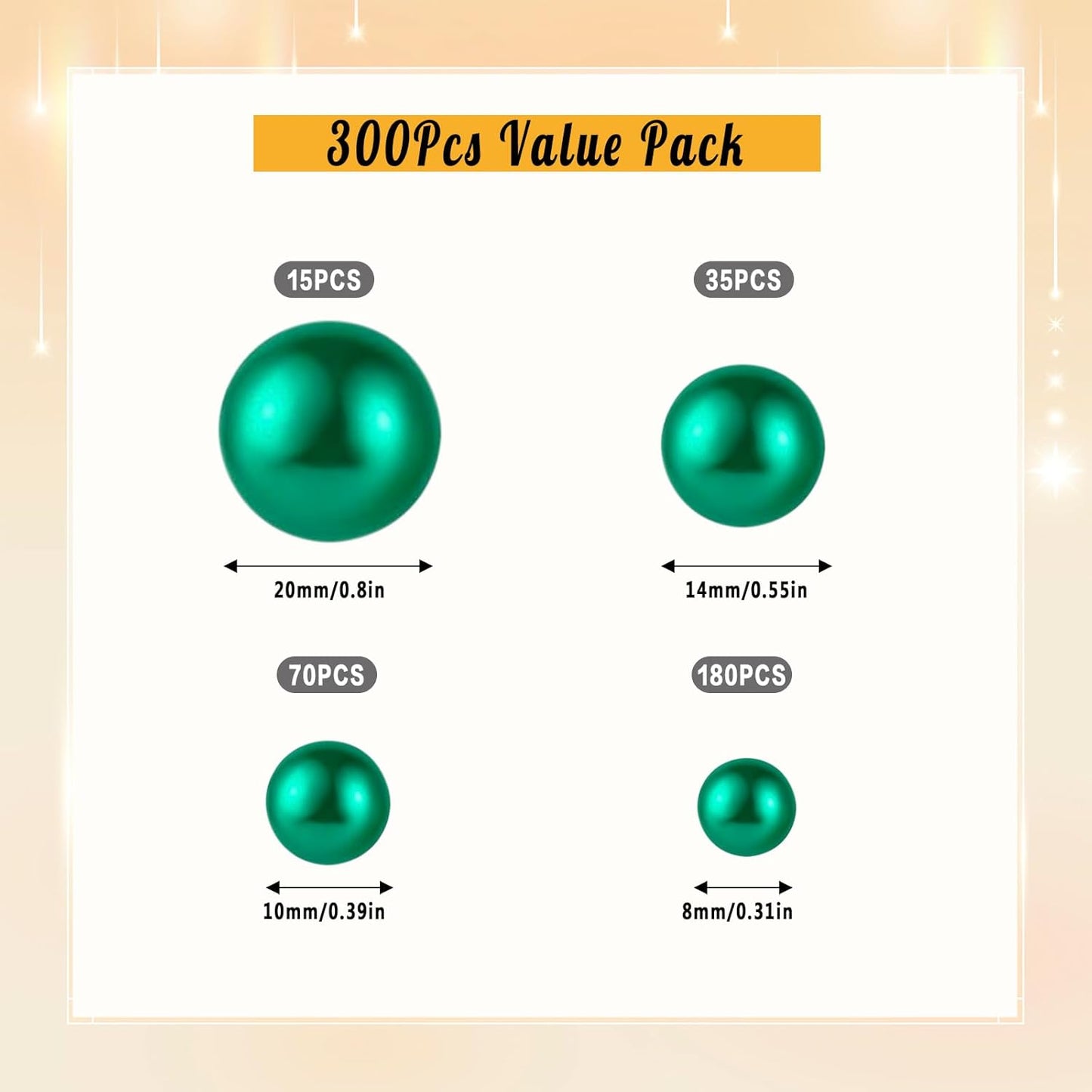 300Pcs Pearl Vase Filler, Green No Hole Faux Pearl Beads for Centerpieces Vases, Candle Centerpieces, Wedding Birthday Party Home Decor 8/10/14/20mm