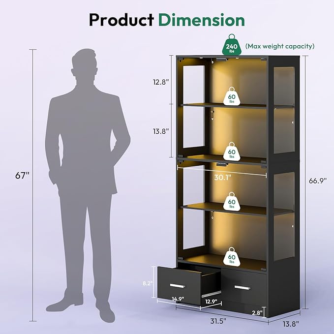 Lamtor 67-inch Glass Display Cabinet – Curio Cabinet - Image 2